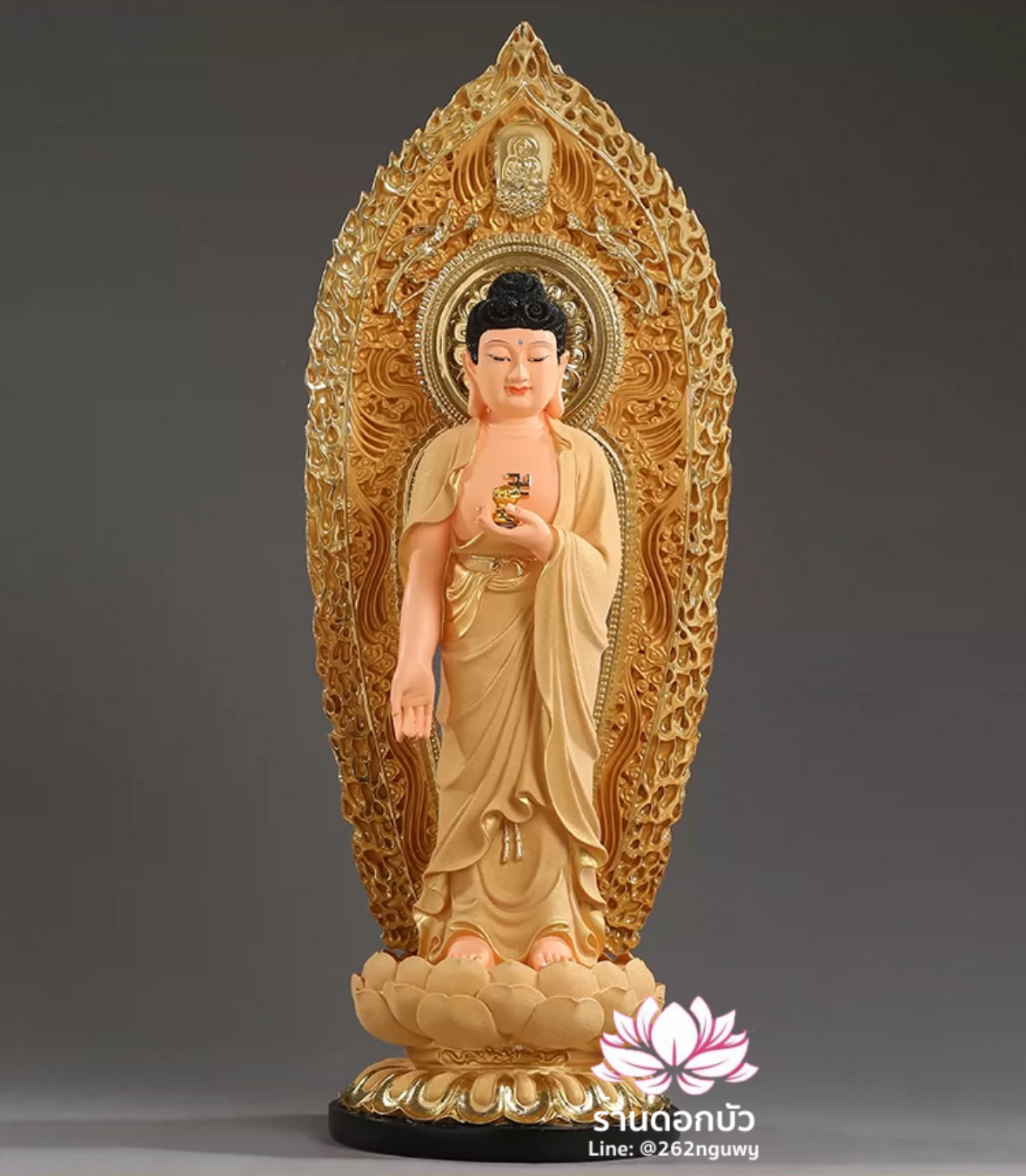 พระพุทธเจ้า (พระยูไล) พระโพธิสัตว์กวนอิม (กวนอิมผ่อสัก) พระมหาสถามปราปต์โพธิสัตว์ (ไต่ซีจี่ผ่อสัก) ปางยืนบนดอกบัว ขนาด 16/19/26 นิ้ว