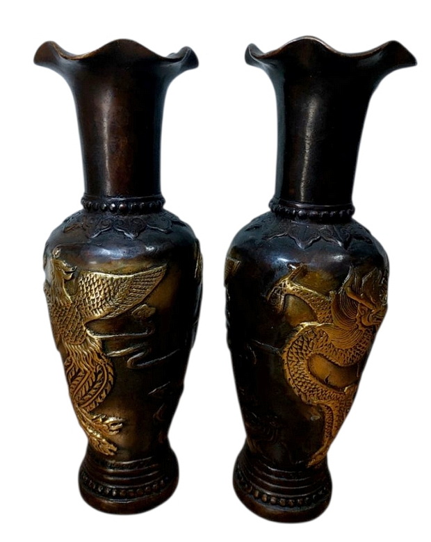 (คู่)แจกันทองเหลืองลายหงส์มังกร💥ตำหนินิด💥ลดพิเศษ