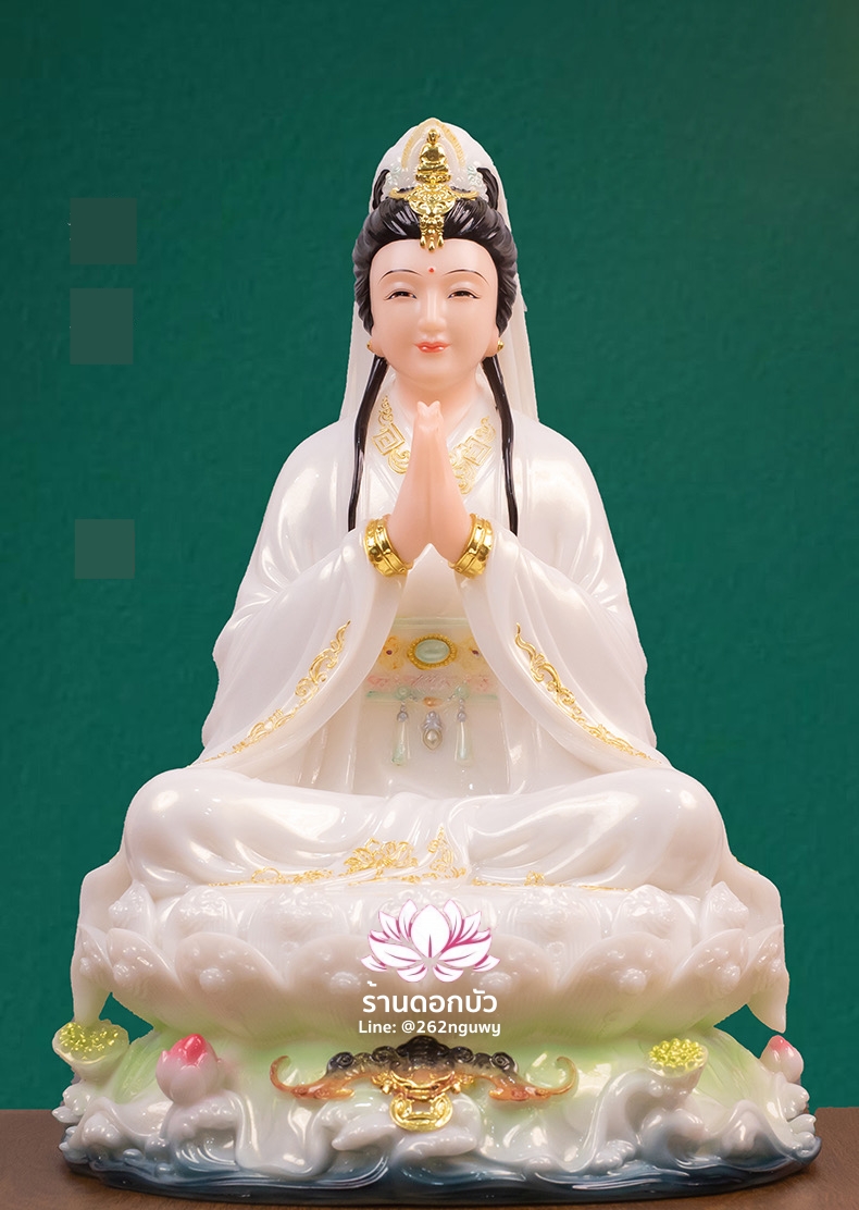 พระโพธิสัตว์กวนอิม พระแม่กวนอิมปางพนมมือ ประทับนั่งบนดอกบัว งานหินอ่อน ขนาด 12/16/19/26 นิ้ว