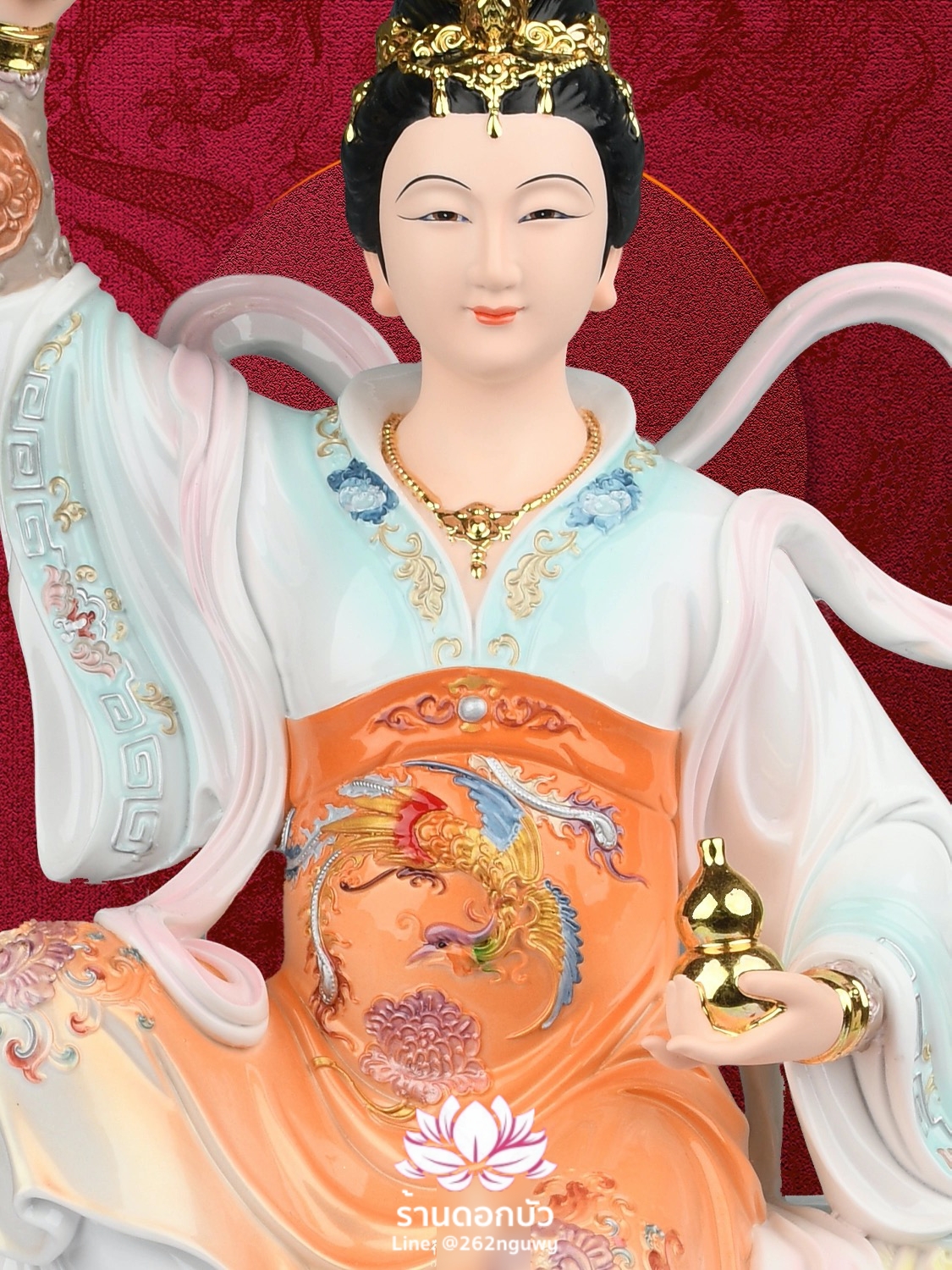 กิ่วเที้ยนเฮี่ยนลื้อ กิวเทียงเหี่ยงนึ่ง จิ่วเทียนเสวียนนี่ ปางนั่งบัลลังก์พร้อมหงส์บริวาร งานเรซิ่นเทคนิคกระเบื้อง ขนาด 12/16/19/26 นิ้ว