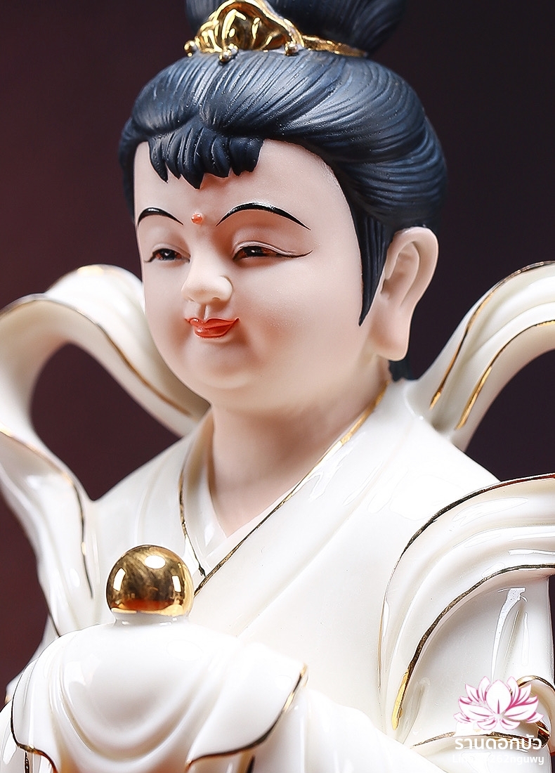 กิมท้ง-เง็กนึ่ง, เซียนจ๋าย-หยกลื้อ ลูกศิษย์พระโพธิสัตว์กวนอิม ปางยืนบนดอกบัวและใบบัว งานกระเบื้องฮกเกี้ยน ขนาด 12 นิ้ว