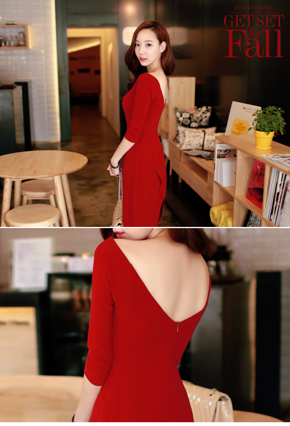 ชุดเดรสสีแดงผ้ายืดสง่าสวยงาม