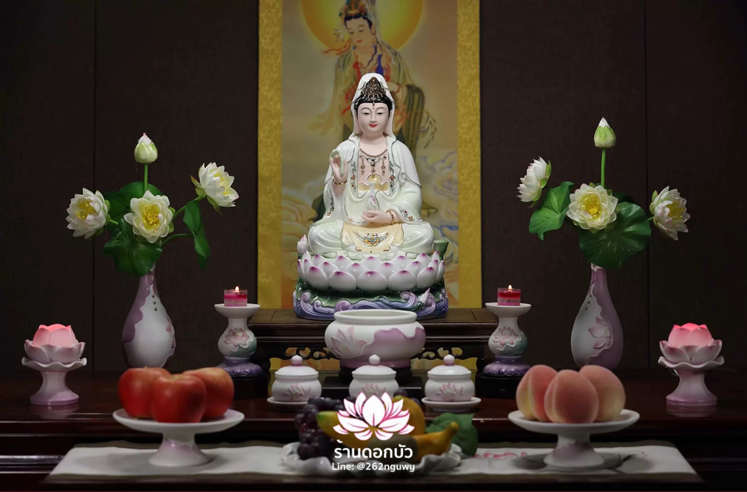 พระโพธิสัตว์กวนอิม พระแม่กวนอิมปางประทานพร ประทับนั่งดอกบัวลอยเหนือน้ำ งานกระเบื้องฮกเกี้ยน ขนาด 12/14/16/18/20 นิ้ว