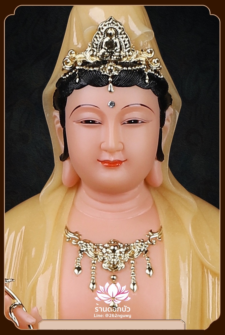 พระโพธิสัตว์กวนอิม พระแม่กวนอิมปางประทานพร ประทับยืนบนกลีบบัว งานหินอ่อนคุณภาพสูง ขนาด 16/19/26/35/51 นิ้ว สีบุษราคัม