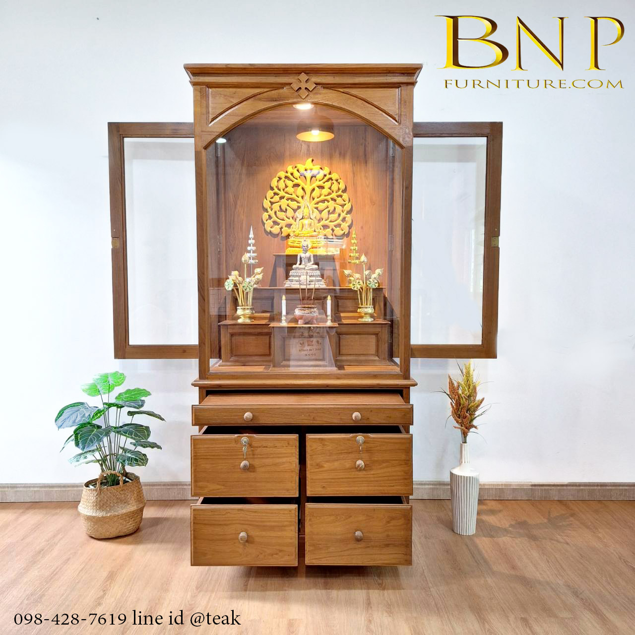 ตู้พระโมเดิร์นไม้สักทอง รุ่นหมู่ 7 เปิดข้าง