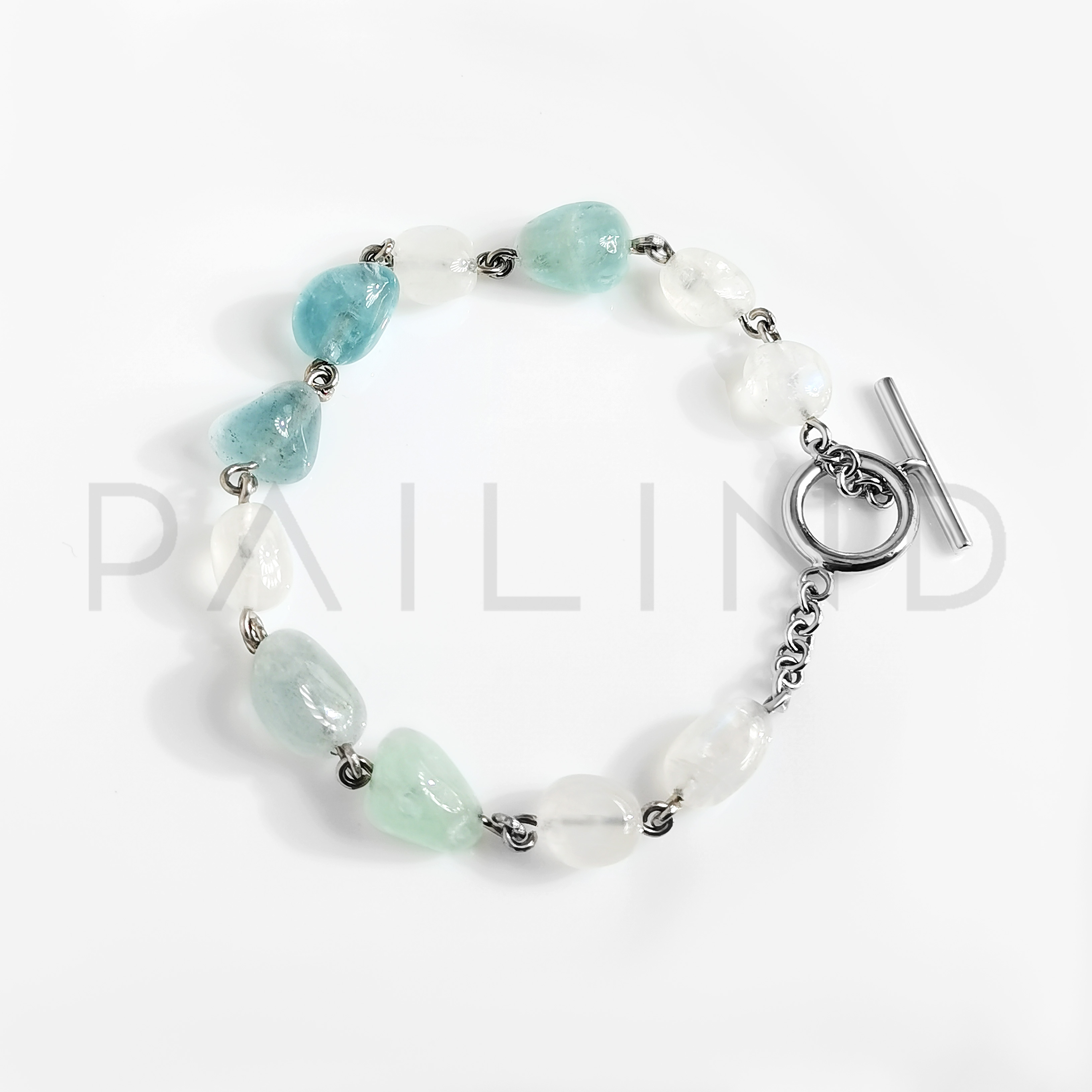 สร้อยข้อมือหินประกอบเงินแท้ Aquamarine & Moonstone ชุบทองคำขาว