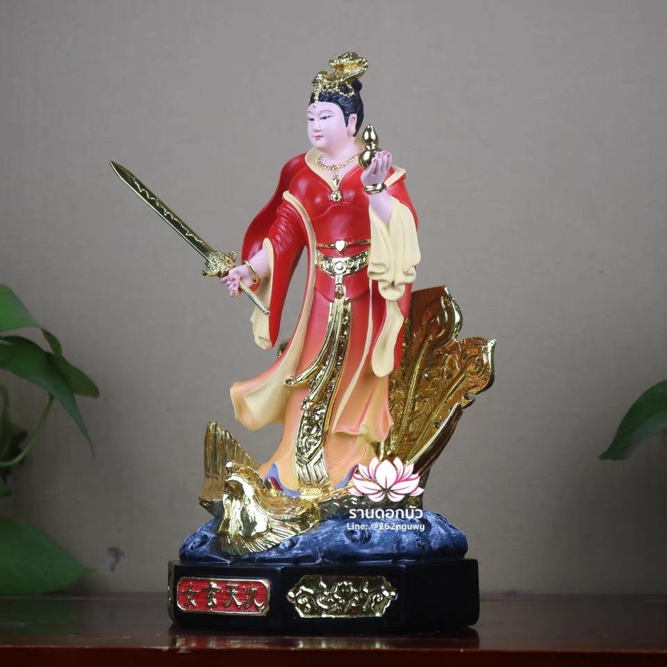 กิ่วเที้ยนเฮี่ยนลื้อ กิวเทียงเหี่ยงนึ่ง จิ่วเทียนเสวียนนี่ ปางยืนบนหงส์บริวาร งานเรซิ่น ขนาด 12 นิ้ว