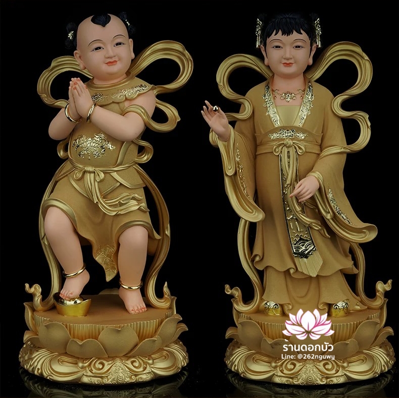 กิมท้ง-เง็กนึ่ง เซียนจ๋าย-หยกลื้อ ลูกศิษย์พระโพธิสัตว์กวนอิม เนื้อสีทองพ่นทราย ขนาด 12/16/19/26 นิ้ว