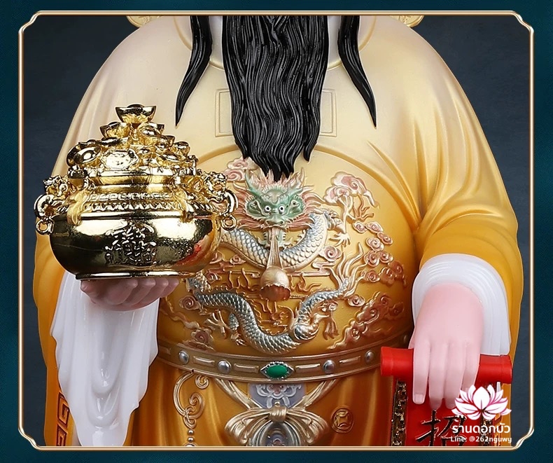 เทพเจ้าไฉ่ชิงเอี๊ย เทพเจ้าแห่งโชคลาภ ประทับยืนบนบัลลังก์ งานหินอ่อนคุณภาพสูง ขนาด 12/16/19 นิ้ว