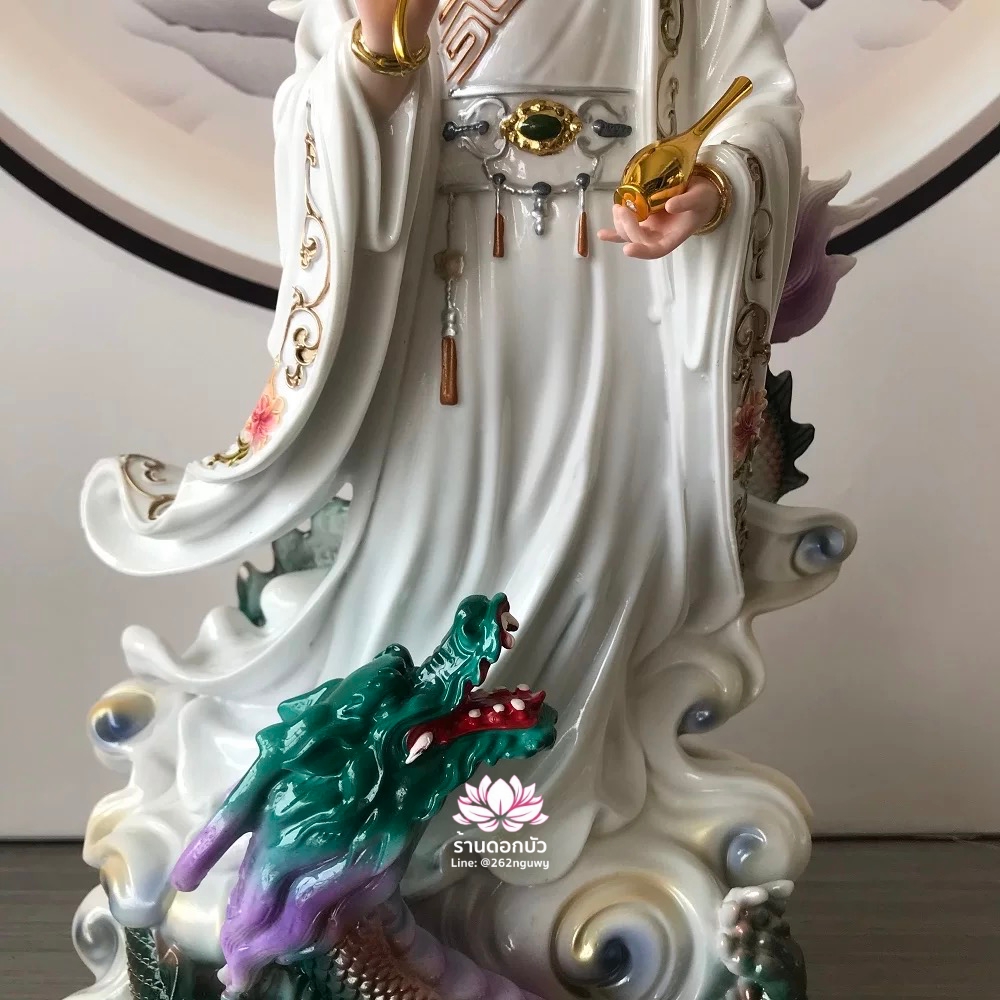 พระโพธิสัตว์กวนอิมปางเหยียบมังกร พระแม่กวนอิมยืนมังกร งานเรซิ่น ขนาด 16/19 นิ้ว