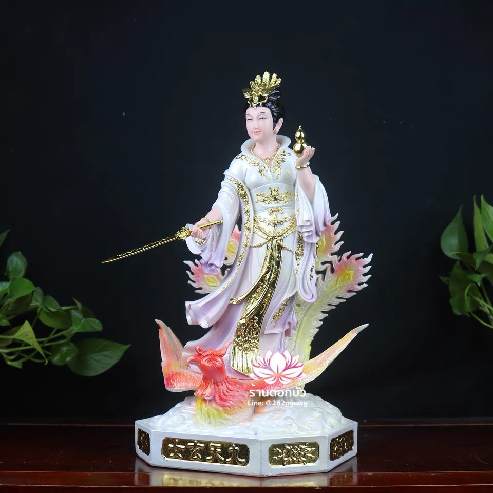 กิ่วเที้ยนเฮี่ยนลื้อ กิวเทียงเหี่ยงนึ่ง จิ่วเทียนเสวียนนี่ ปางยืนบนหงส์บริวาร งานหินอ่อน ขนาด 12/16/19 นิ้ว