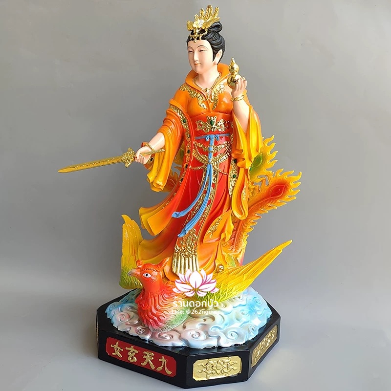 กิ่วเที้ยนเฮี่ยนลื้อ กิวเทียงเหี่ยงนึ่ง จิ่วเทียนเสวียนนี่ ปางยืนบนหงส์บริวาร งานเรซิ่น ขนาด 16 นิ้ว