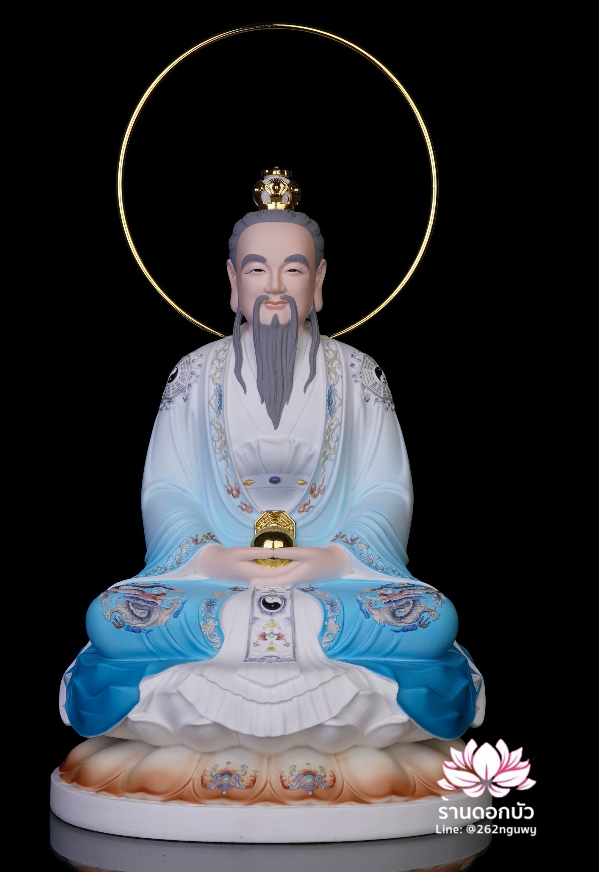 ศาสดาเต๋า ซำเช้งเต๋าจ้อ โตเต็กเทียนจุน หรือไท่ส่องโล้กุ๊น หง่วนซี่เทียนจุน เล็งโป้เทียนจุน ประทับนั่งบนดอกบัว ขนาด 12/16/19/26 นิ้ว