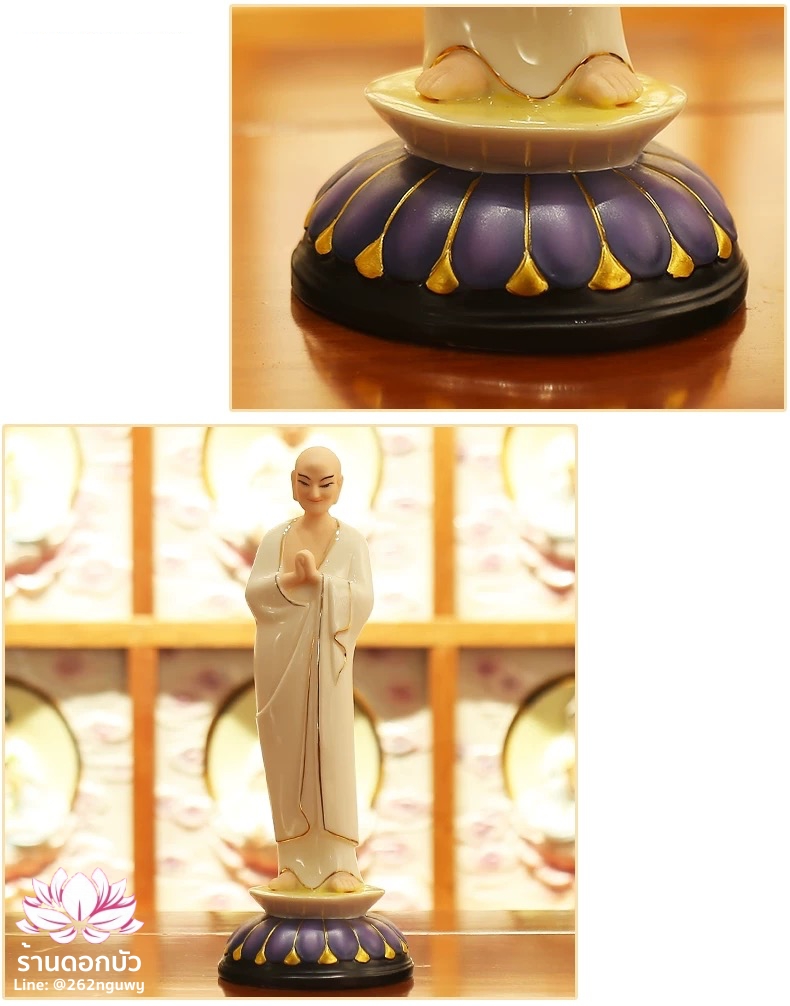 พระพุทธเจ้าและพระอัครสาวก พระมหากัสสปะและพระอานนท์ งานกระเบื้องฮกเกี้ยน ลงสีขลิบทอง