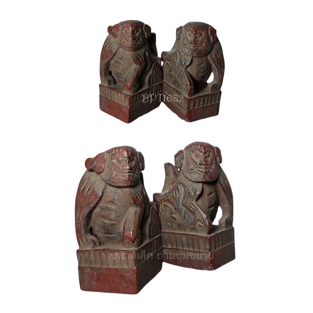 (คู่)ฟูด็อกไม้แกะ งานเก่าจีน สูง9cm