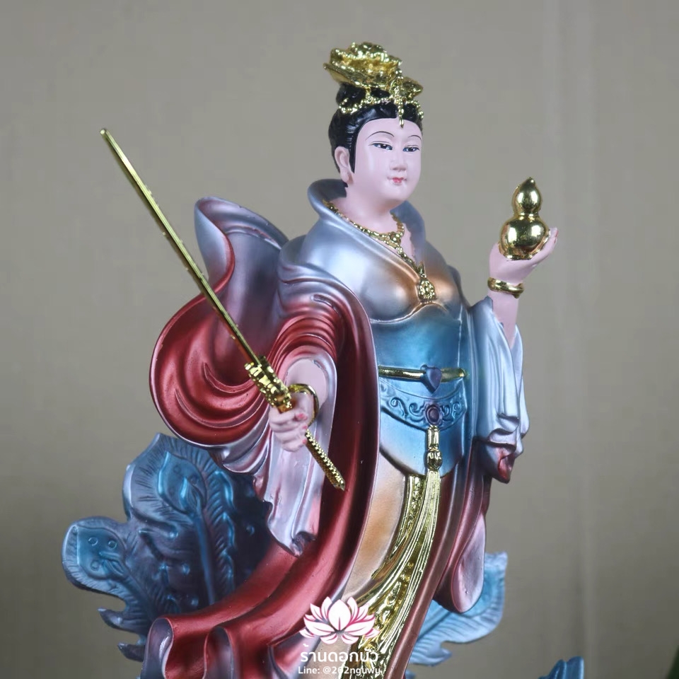 กิ่วเที้ยนเฮี่ยนลื้อ กิวเทียงเหี่ยงนึ่ง จิ่วเทียนเสวียนนี่ ปางยืนบนหงส์บริวาร งานเรซิ่น ขนาด 12 นิ้ว
