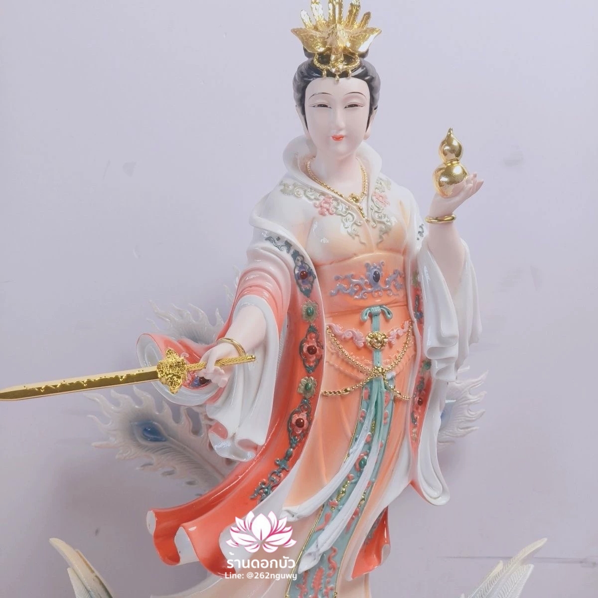 กิ่วเที้ยนเฮี่ยนลื้อ กิวเทียงเหี่ยงนึ่ง จิ่วเทียนเสวียนนี่ ปางยืนบนหงส์บริวาร งานเรซิ่นเทคนิคกระเบื้อง ขนาด 16 นิ้ว