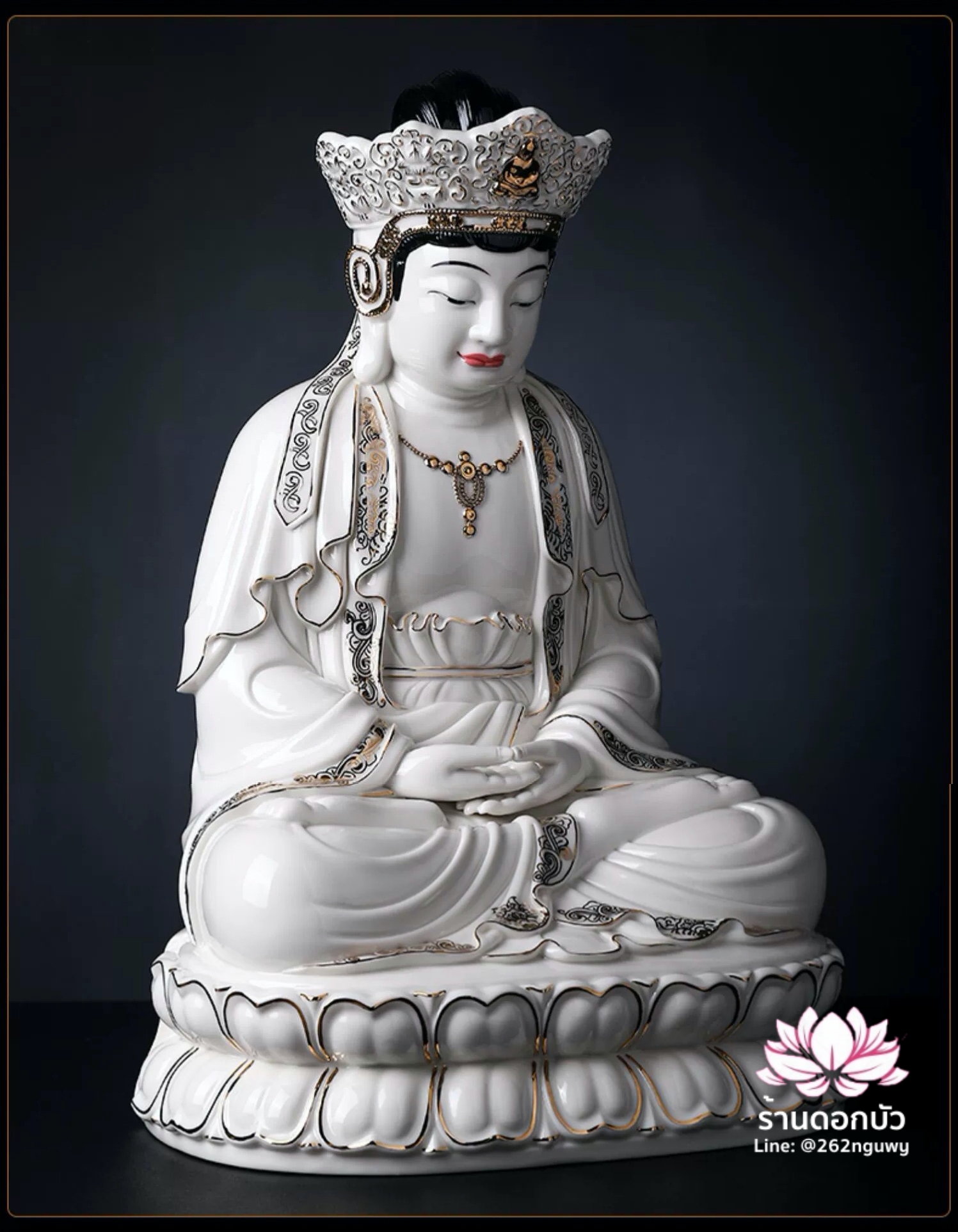 พีลูกวนอิม พระโพธิสัตว์กวนอิมปางสำเร็จธรรม ฝีมือช่างระดับอาจารย์ สีขาวขลิบทอง ขนาด 18 นิ้ว