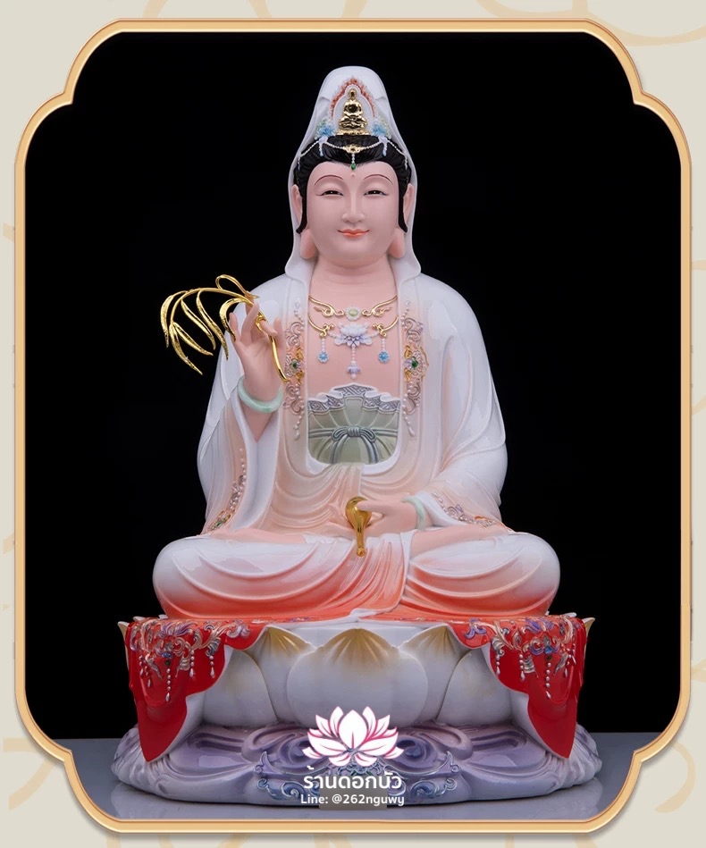 พระโพธิสัตว์กวนอิม พระแม่กวนอิม กวนอิมผ่อสัก ปางประทานพรนั่งบนดอกบัว งานเรซิ่นเทคนิคกระเบื้อง ขนาด 12/16/19/26 นิ้ว