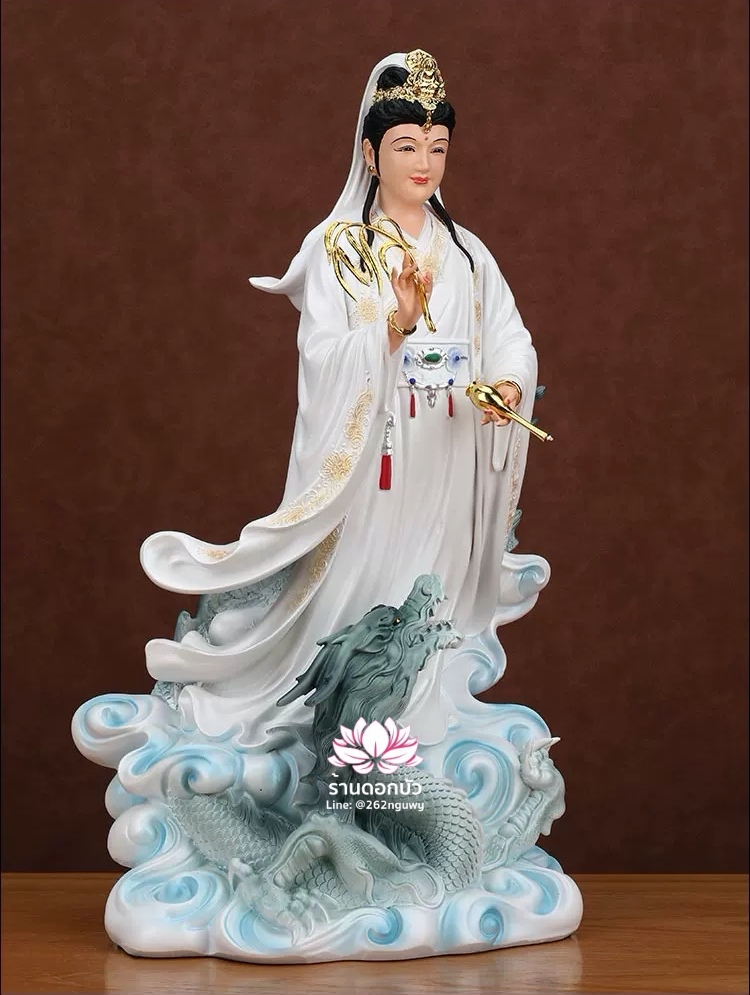 พระโพธิสัตว์กวนอิมปางเหยียบมังกร พระแม่กวนอิมยืนมังกร งานเรซิ่นคุณภาพสูง ขนาด 12/16/19/26 นิ้ว