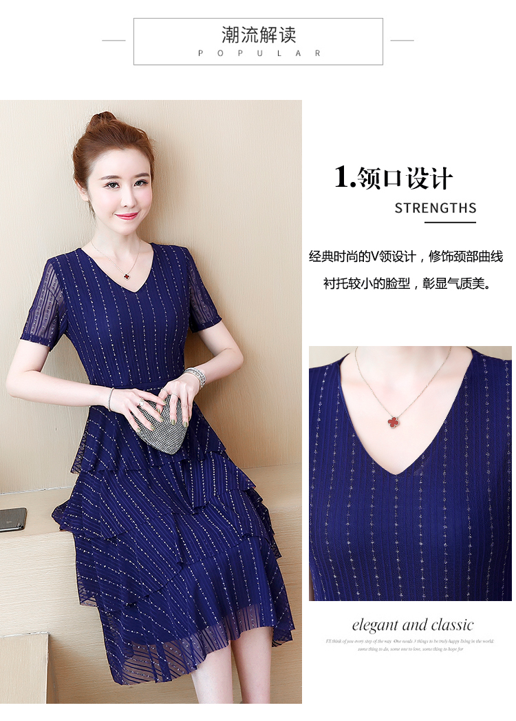 ชุดเดรสสั้นผ้าโปร่งสีน้ำงินเข้มลายเส้นกับดิ้นเงิน คอวี แขนสั้น กระโปรงทรงเอระบายเป็นชั้น สวยดูดี