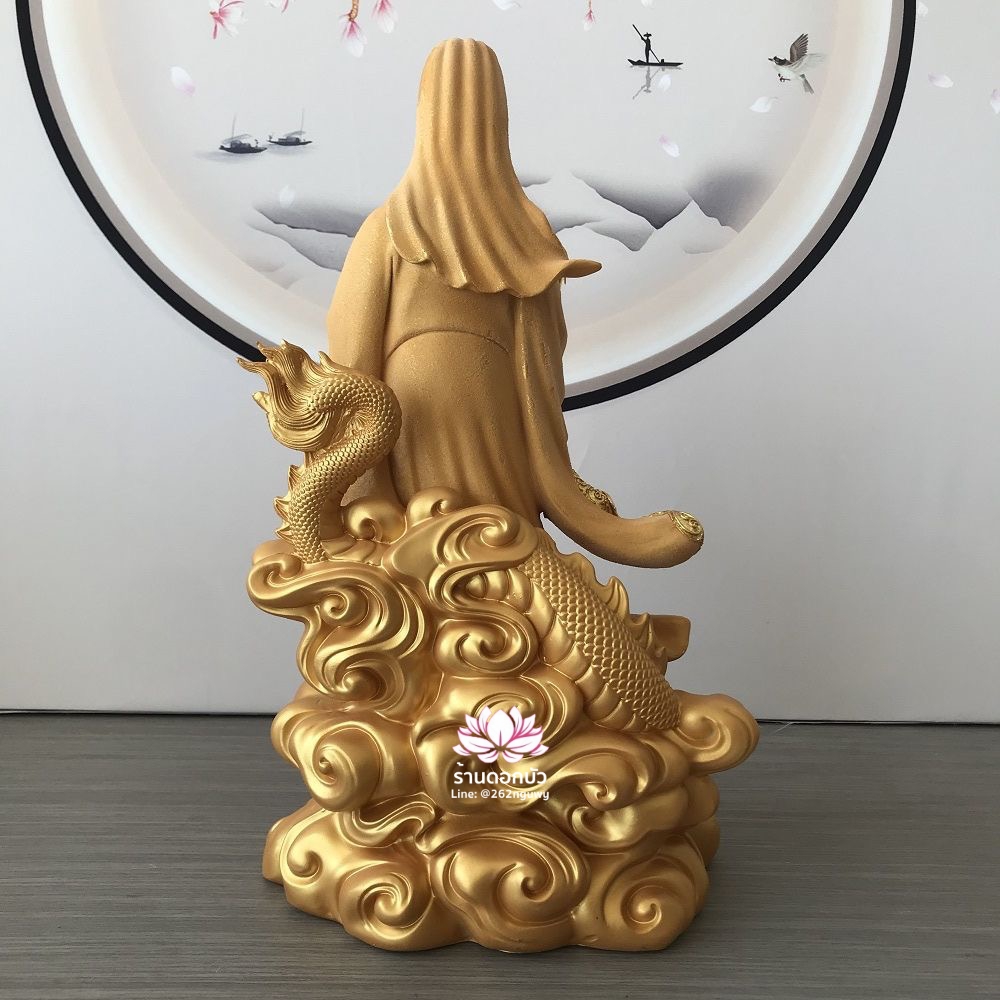 พระโพธิสัตว์กวนอิมปางเหยียบมังกร พระแม่กวนอิมยืนมังกร สีทองพ่นเนื้อทราย ขนาด 16/19 นิ้ว