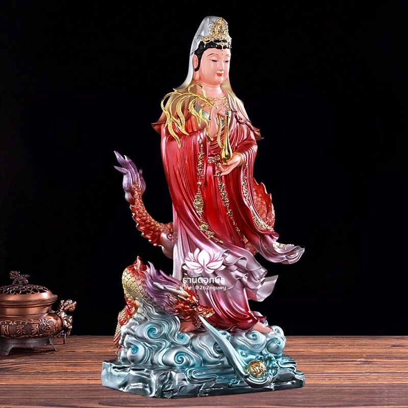 พระโพธิสัตว์กวนอิมปางเหยียบมังกร พระแม่กวนอิมยืนมังกร งานเรซิ่น ขนาด 19/26 นิ้ว