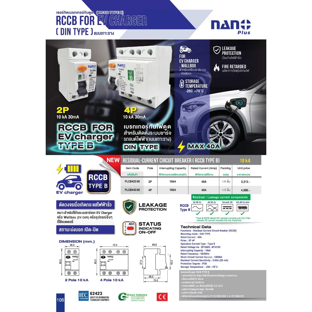 **TYPE B 2P** NANO สำหรับ EV Charger เซอร์กิตเบรกเกอร์กันดูด RCCB 40A 10kA 30mA Wallbox ที่ชาร์จ รถไฟฟ้า ตัดไฟรั่ว DC