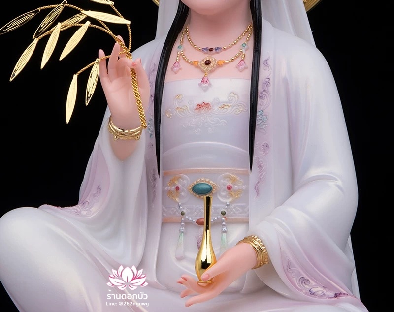 พระโพธิสัตว์กวนอิม ปางนั่งชันเข่าประทับบนดอกบัว งานหินอ่อนคุณภาพสูง ขนาด 12/16/19/26 นิ้ว