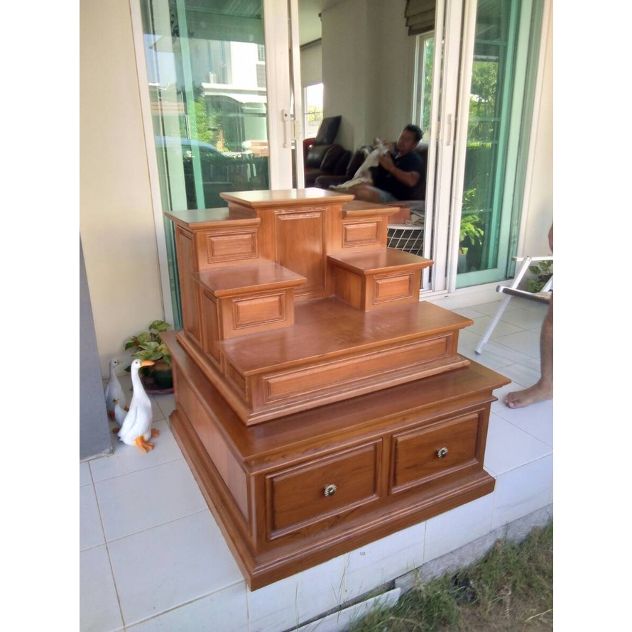 โต๊ะหมู่บูชาไม้สักทองเเท่น5ขนาด85x90x90ซม.สวยจริงไม่จกตา