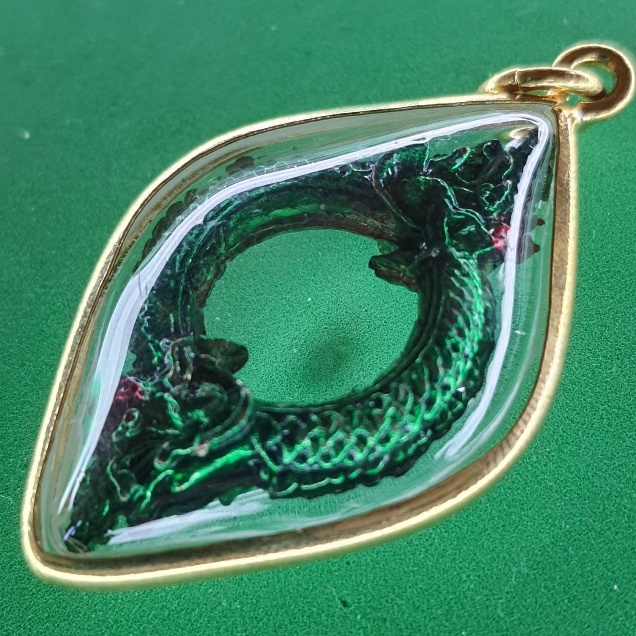 ของป้องกัน บ่วงบาศพญานาค 2เศียร สีเขียวเข้ม กรอบไมคอน จี้พญานาคแท้ จี้พญานาคห้อยคอ จี้พญานาคราช