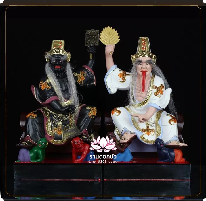 ชิดเอี๋ยโป๊ยเอี๋ย ตั่วแปะหยี่แปะ ยมฑูตขาวดำ ปางนั่งโลงจำปาเหยียบบริวาร งานเรซิ่น ขนาด 12/16/19 นิ้ว
