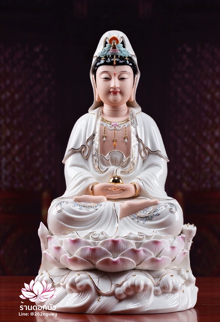 พระโพธิสัตว์กวนอิม พระแม่กวนอิม ปางถือลูกแก้ว ประทับนั่งบนดอกบัว ขนาด 16/18 นิ้ว