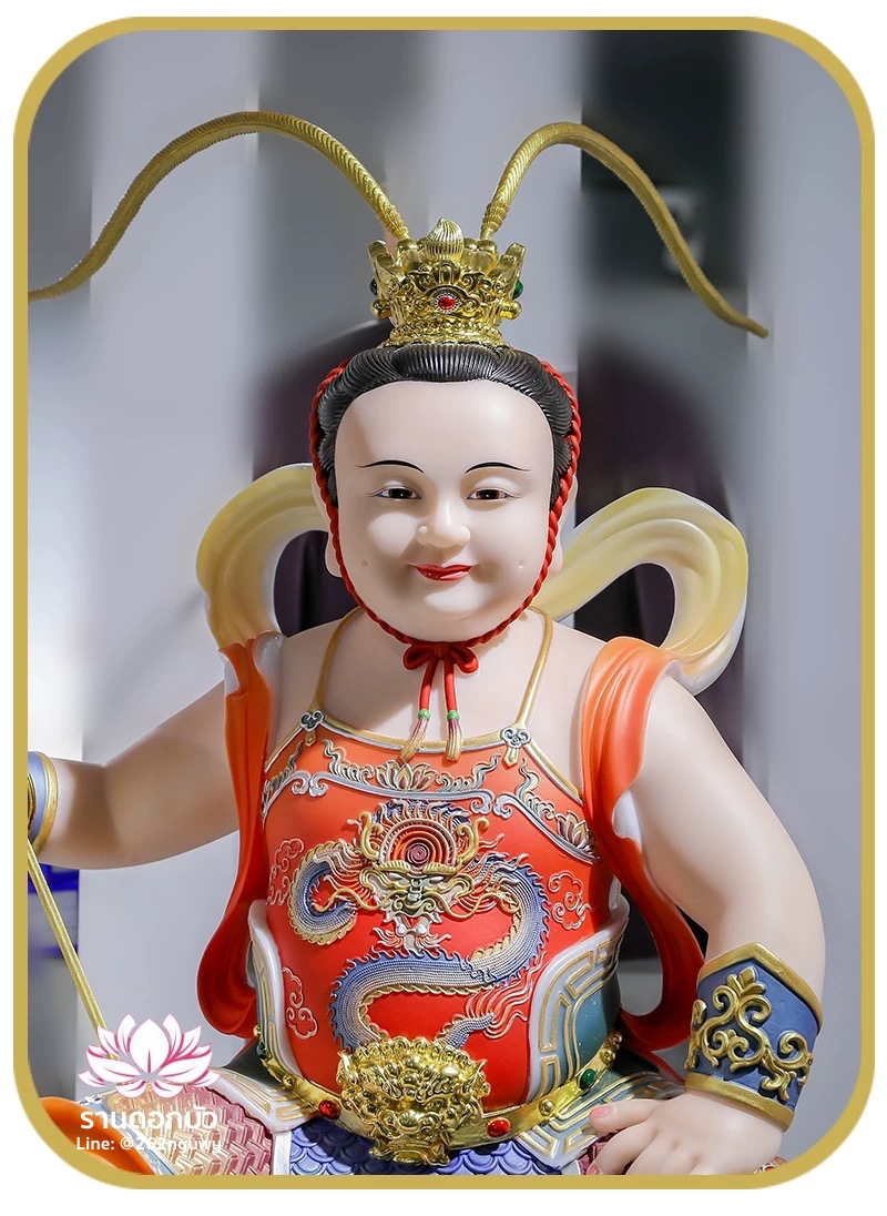 เทพเจ้านาจา หลี่โลเฉี้ย จงตั๋นหง่วนโส่ย ปางประทับนั่งบัลลังก์เมฆเหยียบวงล้อ งานหินอ่อนคุณภาพสูง ขนาด 12/16/19/26 นิ้ว