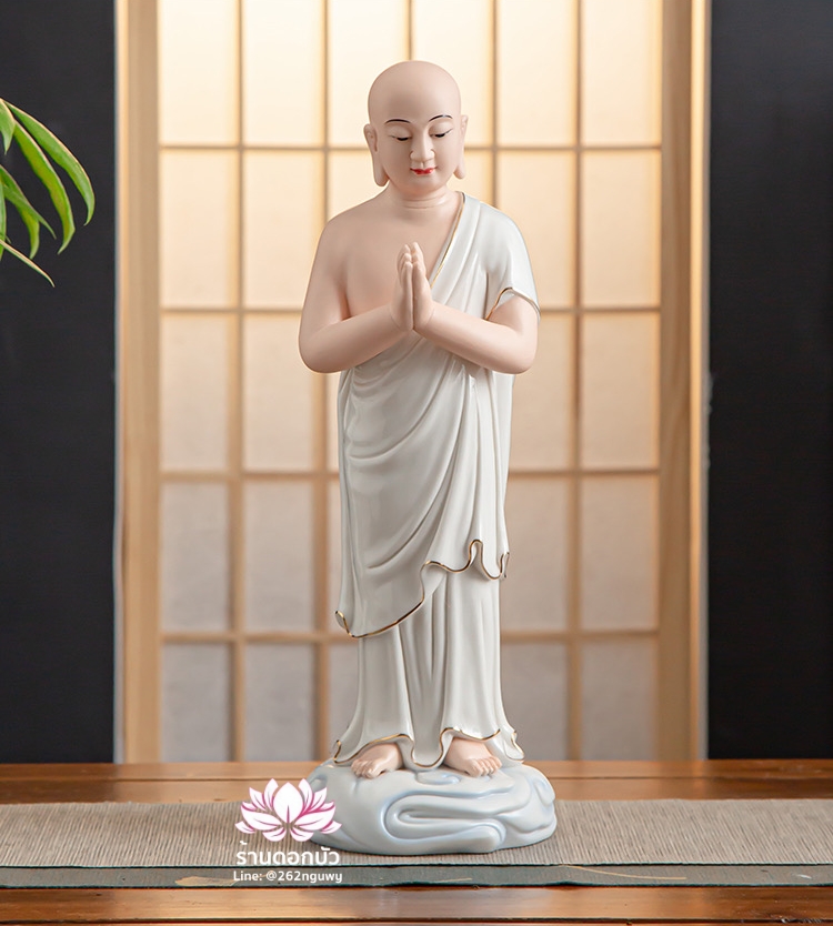 พระพุทธเจ้าและพระอัครสาวก พระมหากัสสปะและพระอานนท์ งานกระเบื้องฮกเกี้ยน สีขาวขลิบทอง