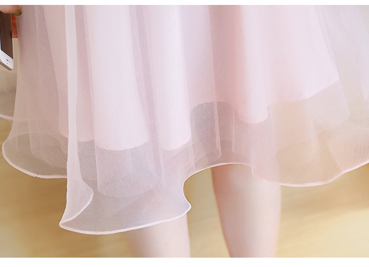 ชุดเดรสสั้นเสื้อผ้าลูกไม้สีฟ้าดอกสีชมพูกระโปรงผ้าชีฟองสีชมพู