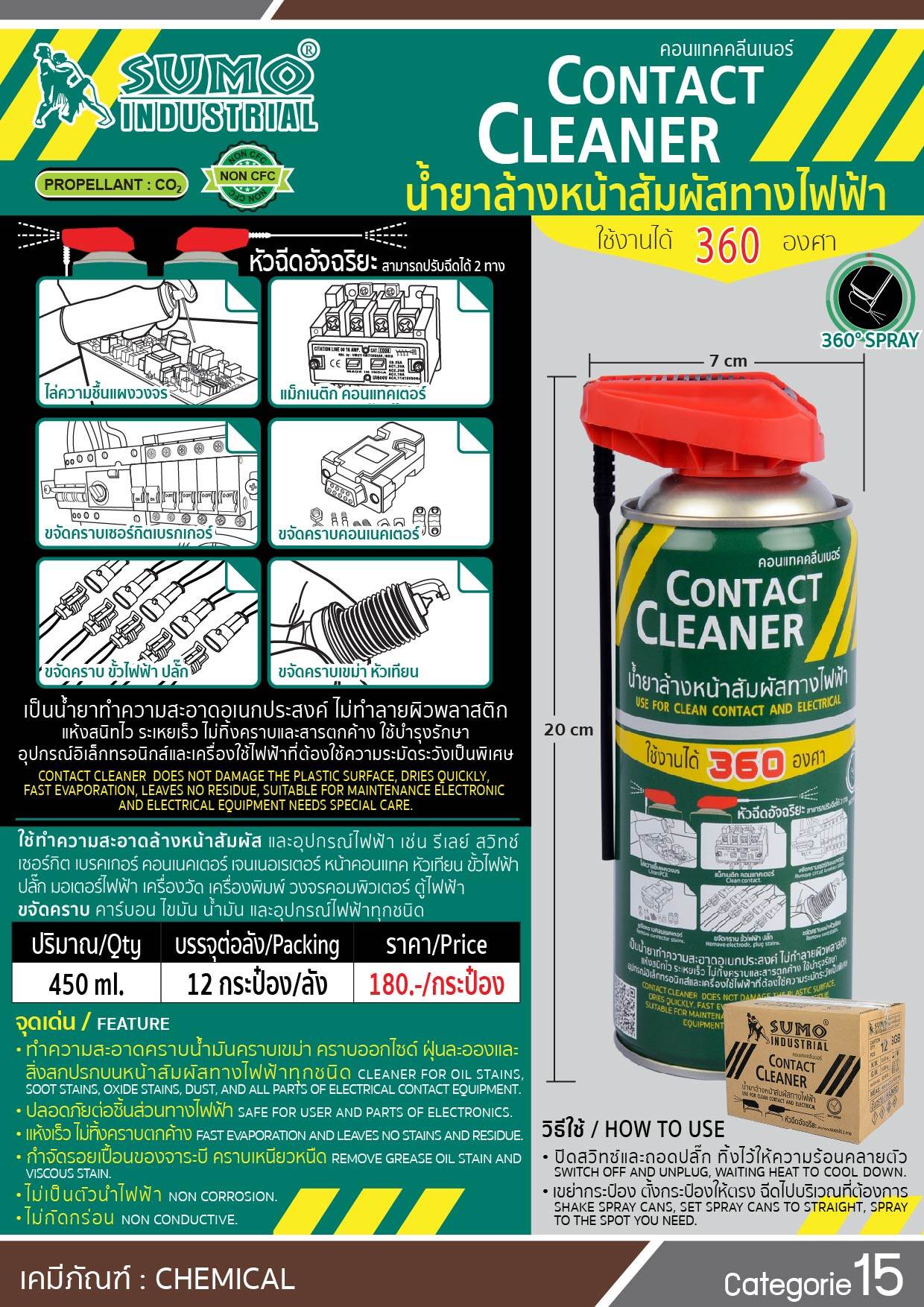 SUMO น้ำยาล้างหน้าสัมผัส กระป๋องเขียว ทางไฟฟ้า 450ml. Contact Cleaner น้ำยาล้างแผงวงจร สเปรย์ล้างแผงวงจร ขจัดคราบคาร์บอน แห้งไว ระเหยเร็ว