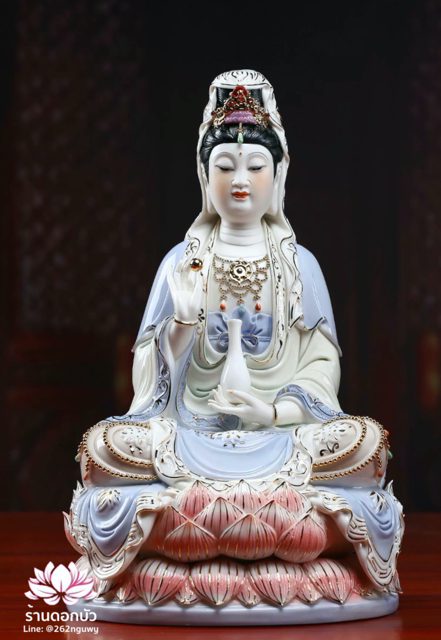 พระโพธิสัตว์กวนอิม พระแม่กวนอิม ปางถือลูกแก้ว ประทับนั่งบนดอกบัว ขนาด 13 นิ้ว