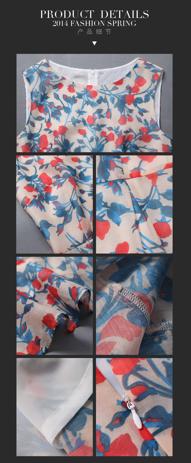 ชุดเดรสสั้นแขนกุดลายดอกไม้สีน้ำเงินเข้ารูป