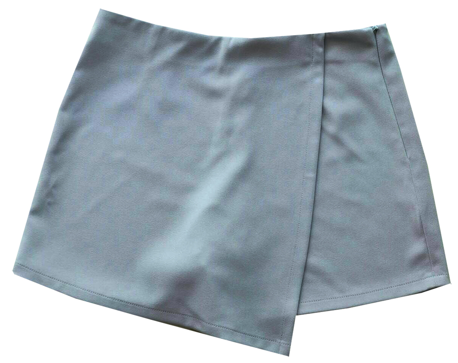 กางเกงกระโปรงป้าย เอวสูงขอบเรียบผ้าฮานาโกะ ซิปซ้าย สีเทา Size S M L XL