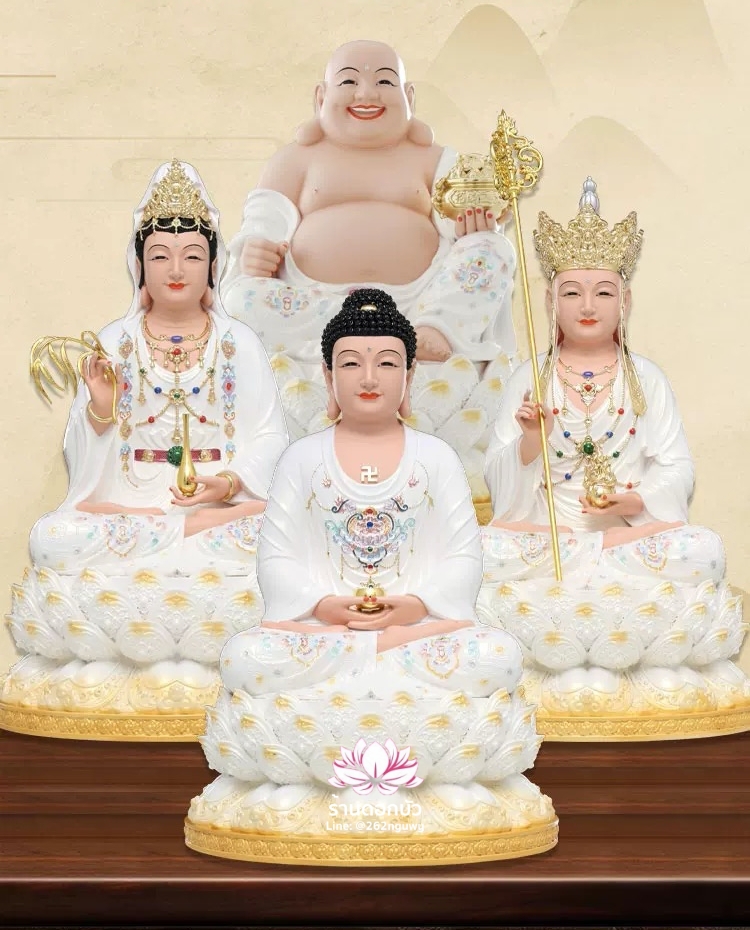 พระพุทธเจ้า (พระยูไล) พระโพธิสัตว์กวนอิม (กวนอิมผ่อสัก) พระมหาสถามปราปต์โพธิสัตว์ (ไต่ซีจี่ผ่อสัก) งานเรซิ่น ขนาด 12/16/19 นิ้ว