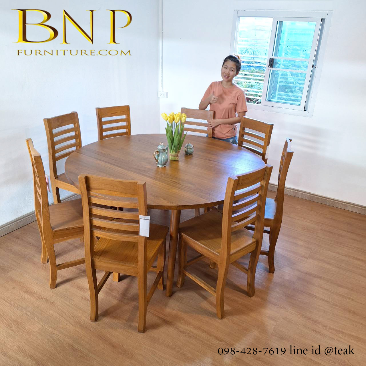 ชุดโต๊ะทานข้าวกลม + เก้าอี้ 8 ตัว รุ่น เป่าเป้ย