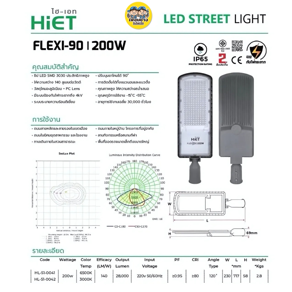 HiET โคมไฟถนน LED รุ่น FLEXI-90 50W 100W 150W 200W โคมไฟถนน โคมไฟ กันน้ำ IP65 STREET LIGHT 2แสง เดย์ไลท์ Daylight วอร์มไวท์ Warmwhite