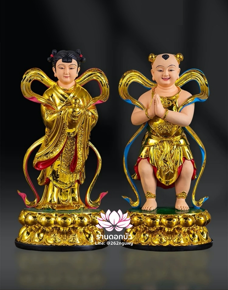กิมท้ง-เง็กนึ่ง เซียนจ๋าย-หยกลื้อ ลูกศิษย์พระโพธิสัตว์กวนอิม งานเรซิ่น เคลือบสีทอง ขนาด 12/16/19 นิ้ว