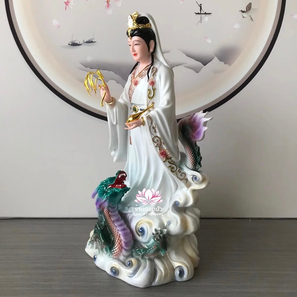 พระโพธิสัตว์กวนอิมปางเหยียบมังกร พระแม่กวนอิมยืนมังกร งานเรซิ่น ขนาด 16/19 นิ้ว