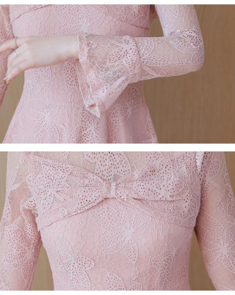 ชุดเดรสสั้นผ้าลูกไม้สีชมพู คอสูง แขนยาว หน้าอกจับจีบโบว์ กระโปรงทรงเอ สวยดูดี