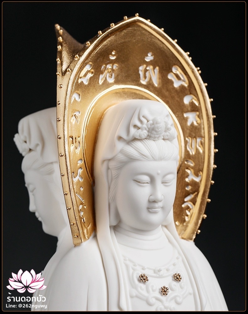 พระโพธิสัตว์กวนอิม 3 พระพักตร์ พระแม่กวนอิม 3 ปาง สีขาวปิดทอง ขนาด 15 นิ้ว