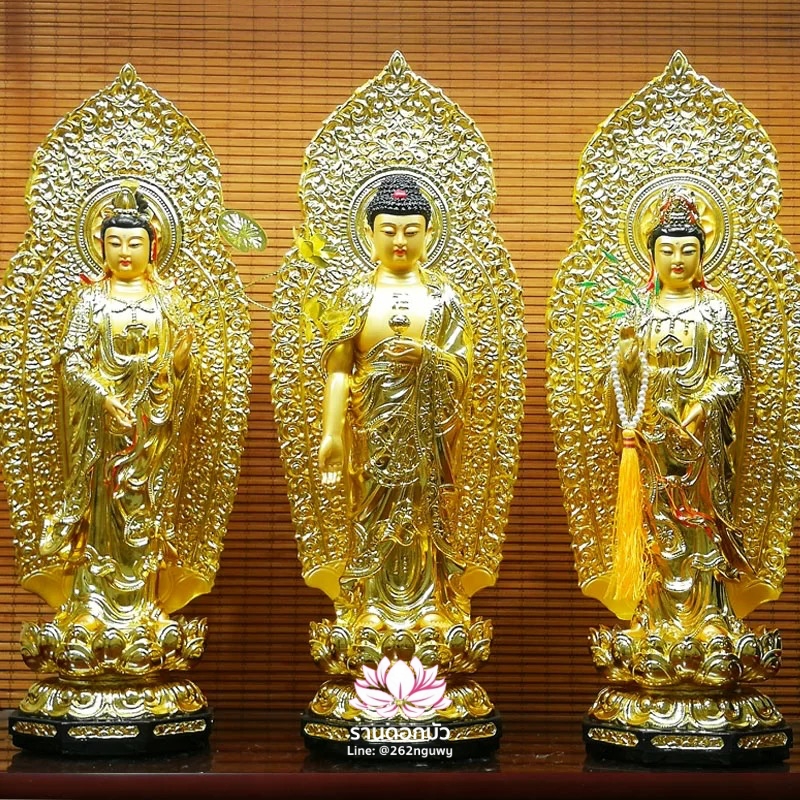 พระพุทธเจ้า (พระยูไล) พระโพธิสัตว์กวนอิม (กวนอิมผ่อสัก) พระมหาสถามปราปต์โพธิสัตว์ (ไต่ซีจี่ผ่อสัก) ปางยืนบนดอกบัว ขนาด 16/19/26/36/42/50 นิ้ว