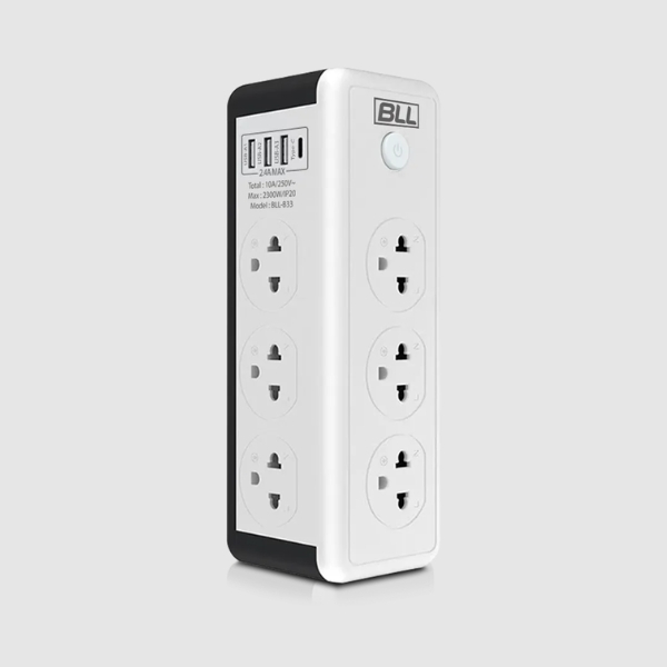 BLL ปลั๊กไฟ รุ่น B33 สาย 3 เมตร 2300W 10A ทาวเวอร์ 6 ช่องเสียบ 1 สวิตซ์ 3 ช่อง USB / 1 Type C ปลั๊กพ่วง