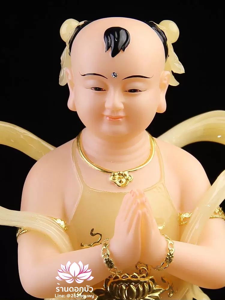กิมท้ง-เง็กนึ่ง เซียนจ๋าย-หยกลื้อ ลูกศิษย์พระโพธิสัตว์กวนอิม สีบุษราคัม งานหินอ่อน ขนาด 12/16/19/26 นิ้ว